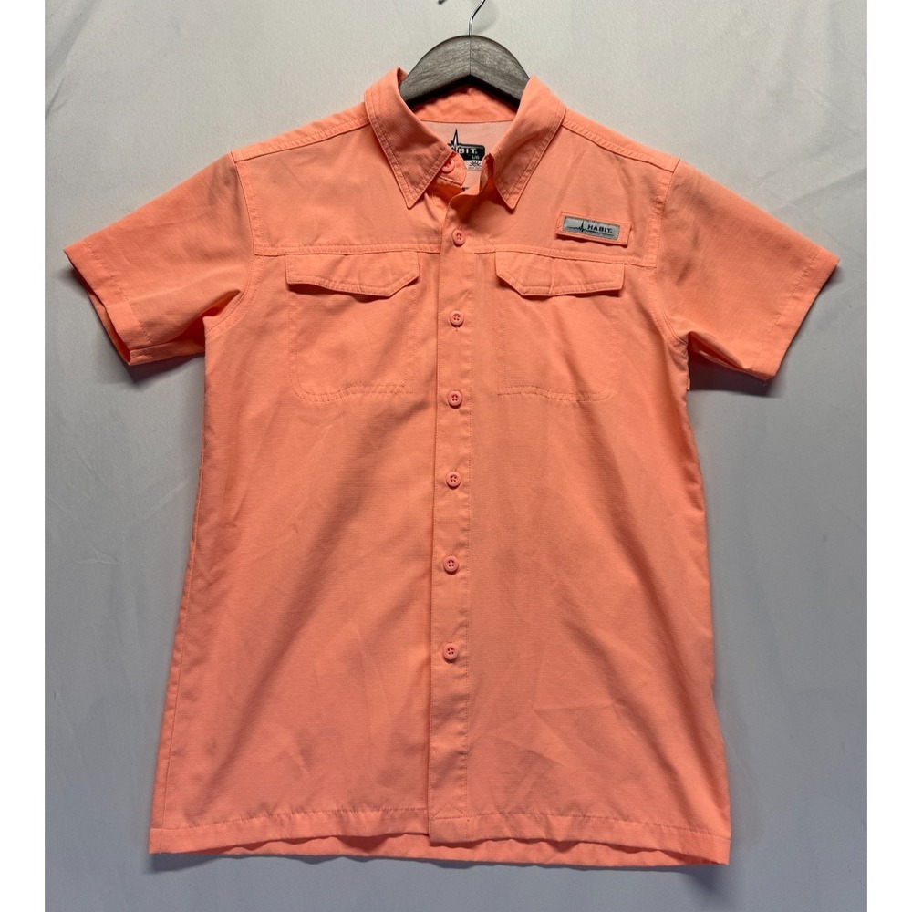 Habit River Shirt Youth Boys Large Spiked Peach Fishing Pockets Casual Button Up